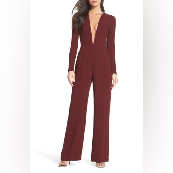 Dress The Population Drew Plunging Illusion Jumpsuit Burgundy Size Small NWOT - Picture 1 of 10